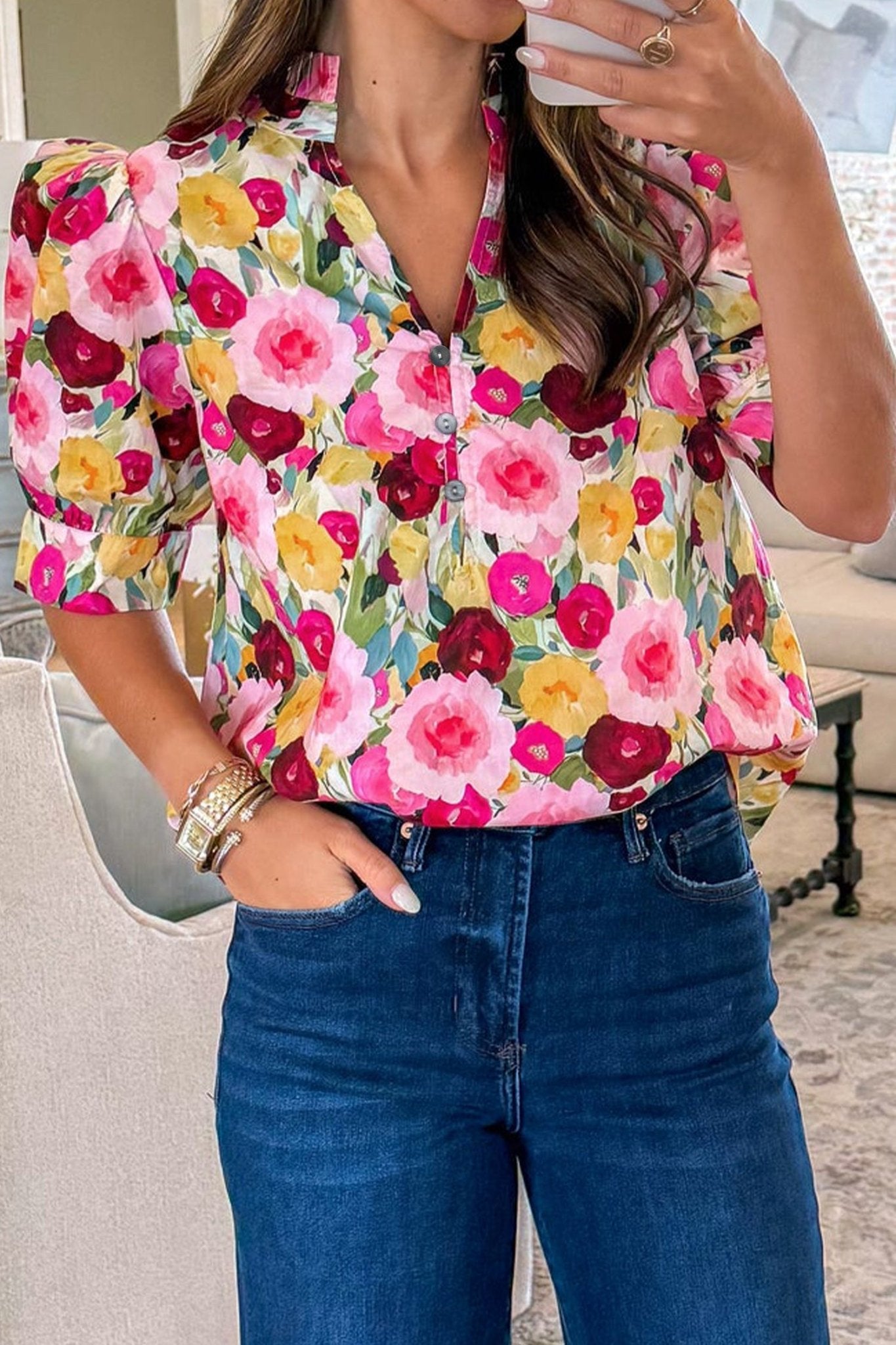 Floral Frilled V-Neck Short Puff Sleeve Blouse - Rooted & Reckless Co.
