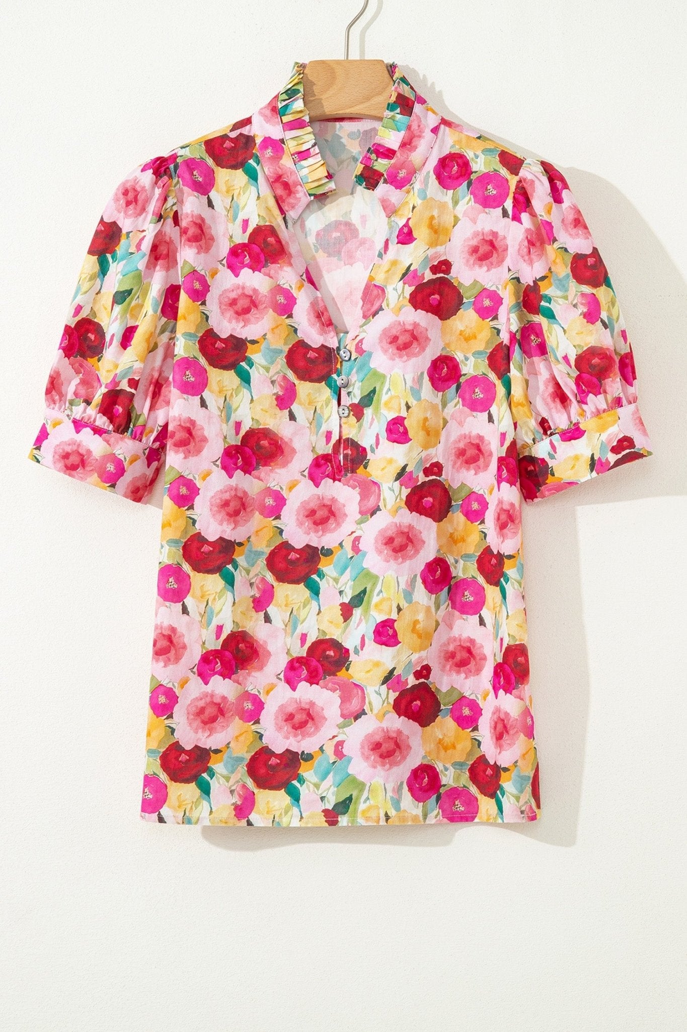 Floral Frilled V-Neck Short Puff Sleeve Blouse - Rooted & Reckless Co.