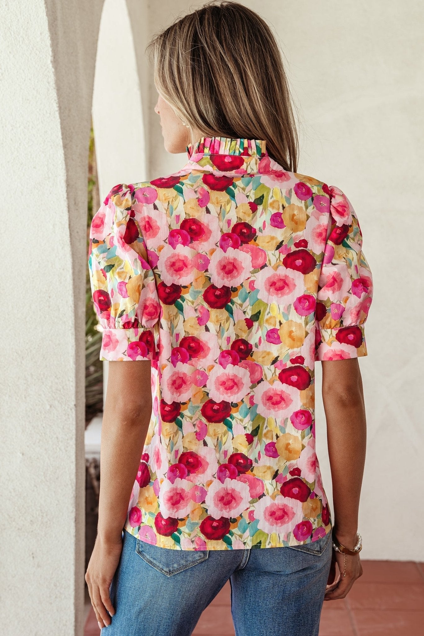 Floral Frilled V-Neck Short Puff Sleeve Blouse - Rooted & Reckless Co.