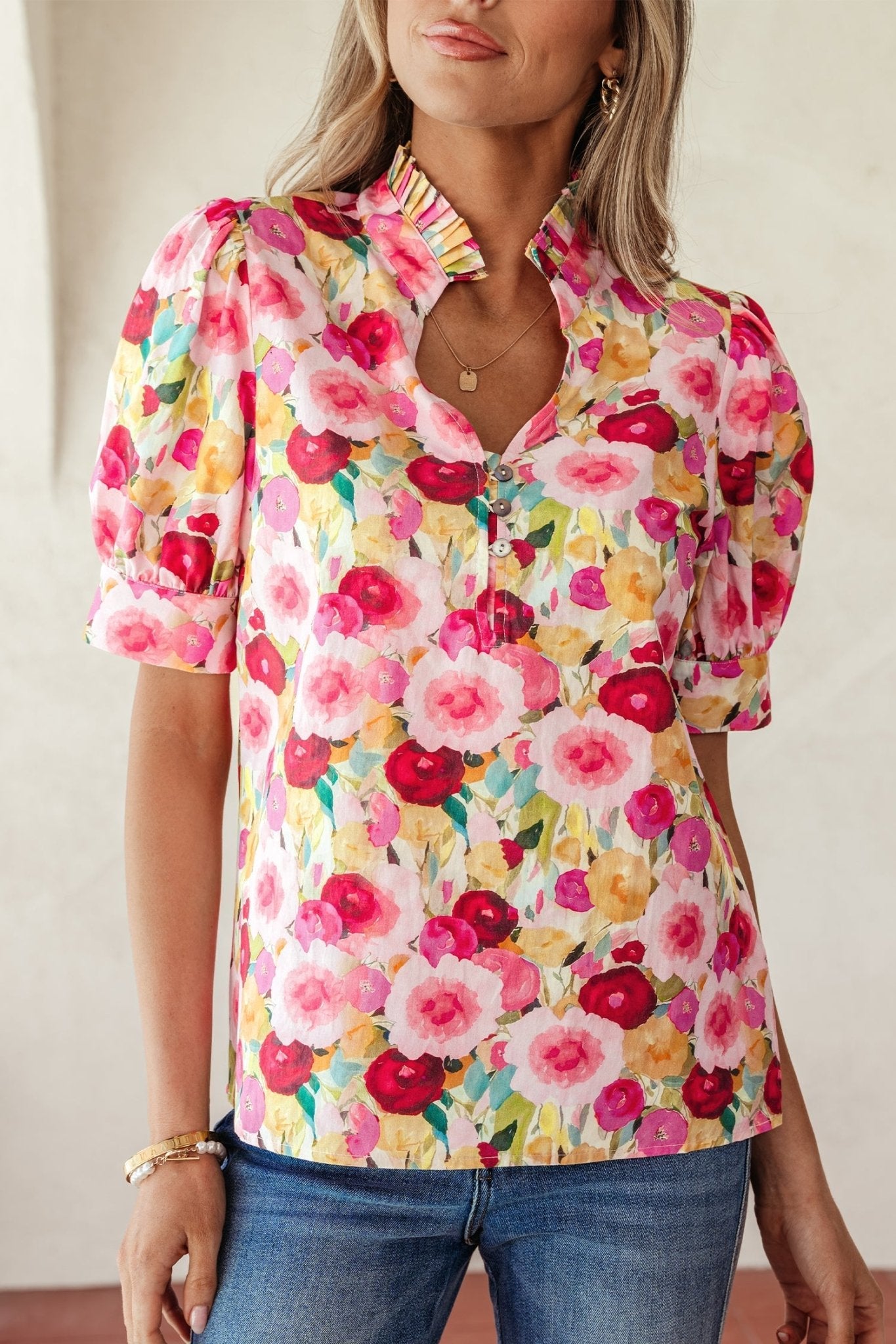 Floral Frilled V-Neck Short Puff Sleeve Blouse - Rooted & Reckless Co.