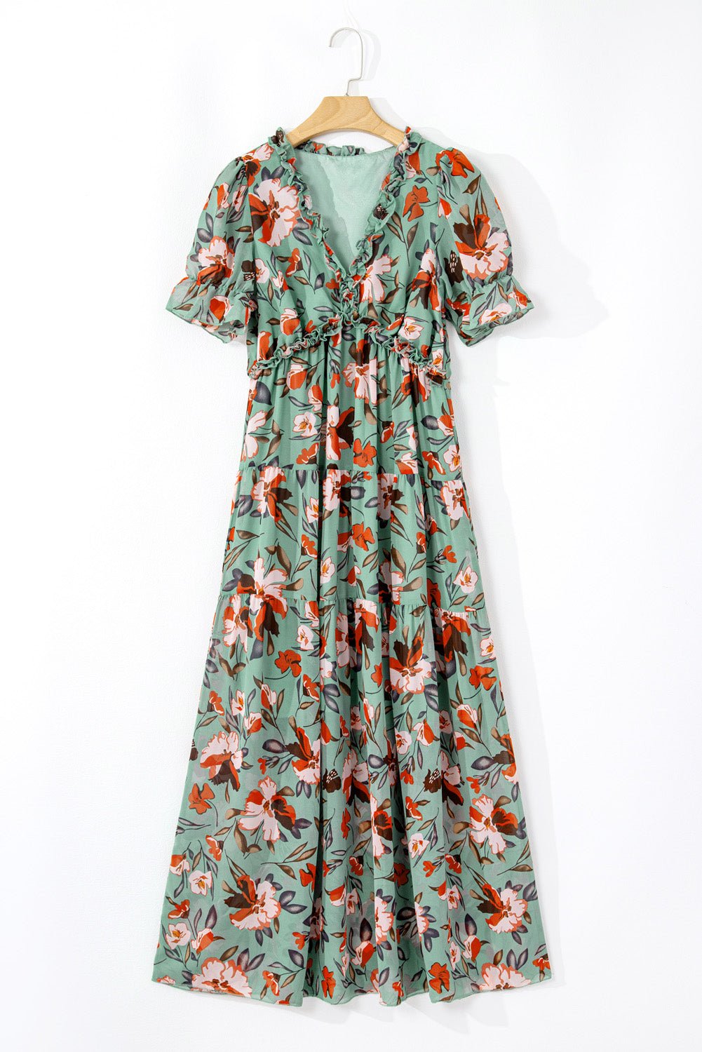 Floral Frilled V-Neck Short Sleeve Maxi Dress - Rooted & Reckless Co.