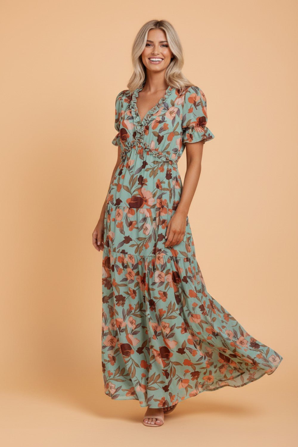 Floral Frilled V-Neck Short Sleeve Maxi Dress - Rooted & Reckless Co.