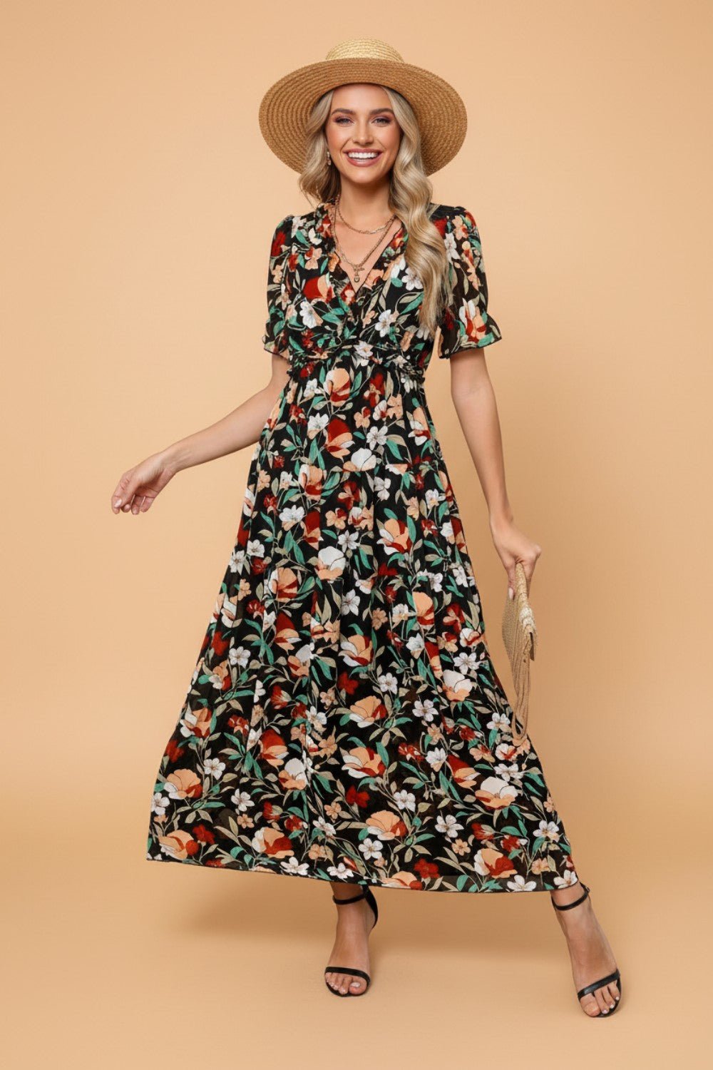 Floral Frilled V-Neck Short Sleeve Maxi Dress - Rooted & Reckless Co.