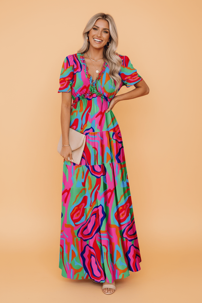 Floral Frilled V-Neck Short Sleeve Maxi Dress - Rooted & Reckless Co.