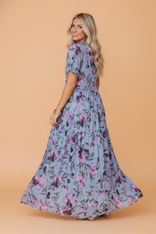 Floral Frilled V-Neck Short Sleeve Maxi Dress - Rooted & Reckless Co.