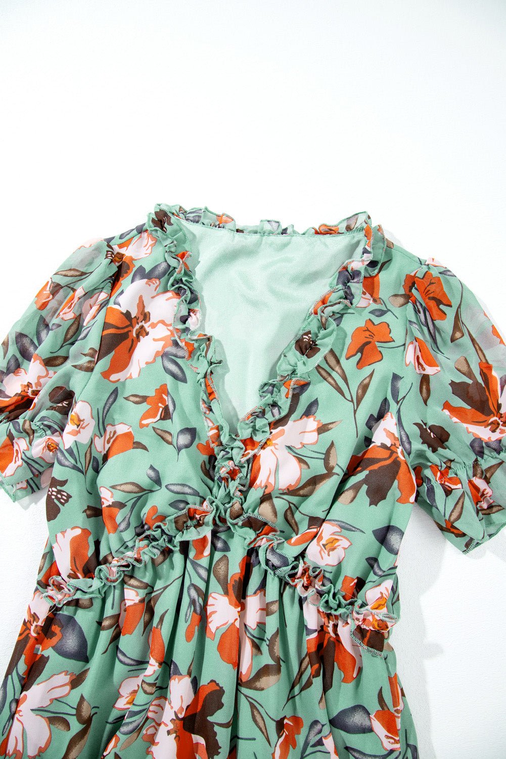 Floral Frilled V-Neck Short Sleeve Maxi Dress - Rooted & Reckless Co.