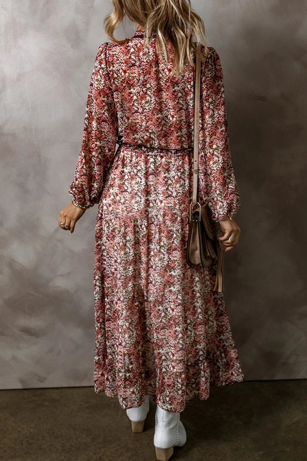 Floral Frilled V-Neck Split Front Tiered Midi Dress - Rooted & Reckless Co.