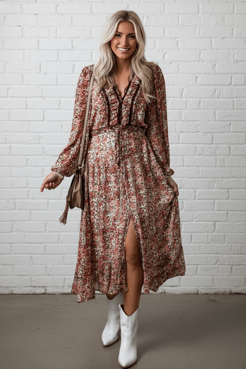 Floral Frilled V-Neck Split Front Tiered Midi Dress - Rooted & Reckless Co.
