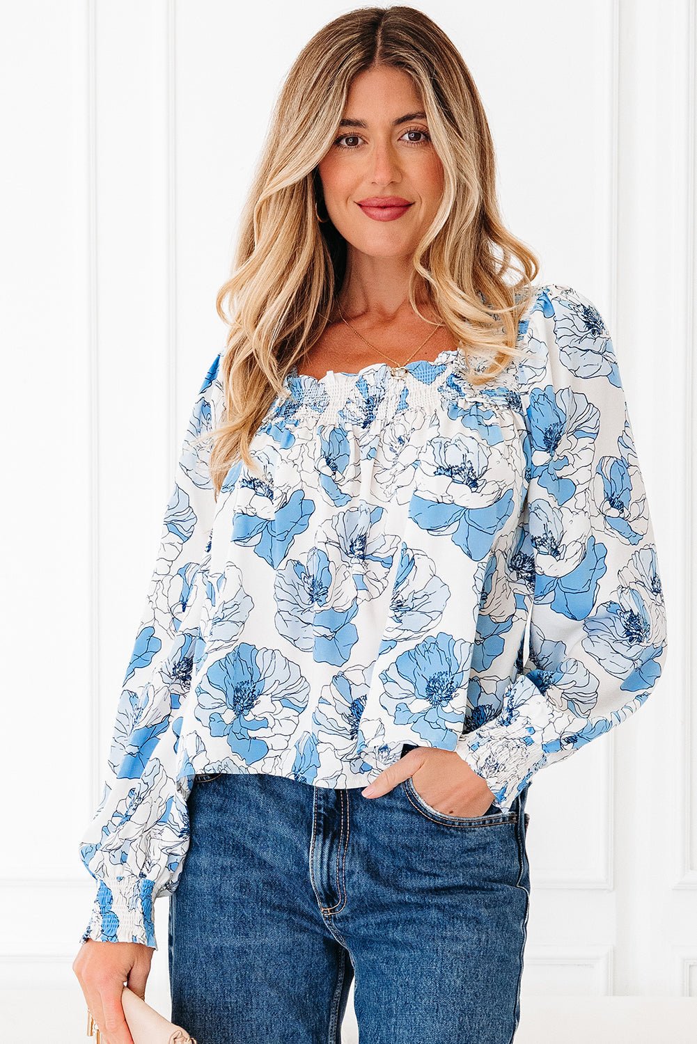 Floral Frilly Smocked Square Neck Long Sleeve Blouse - Rooted & Reckless Co.