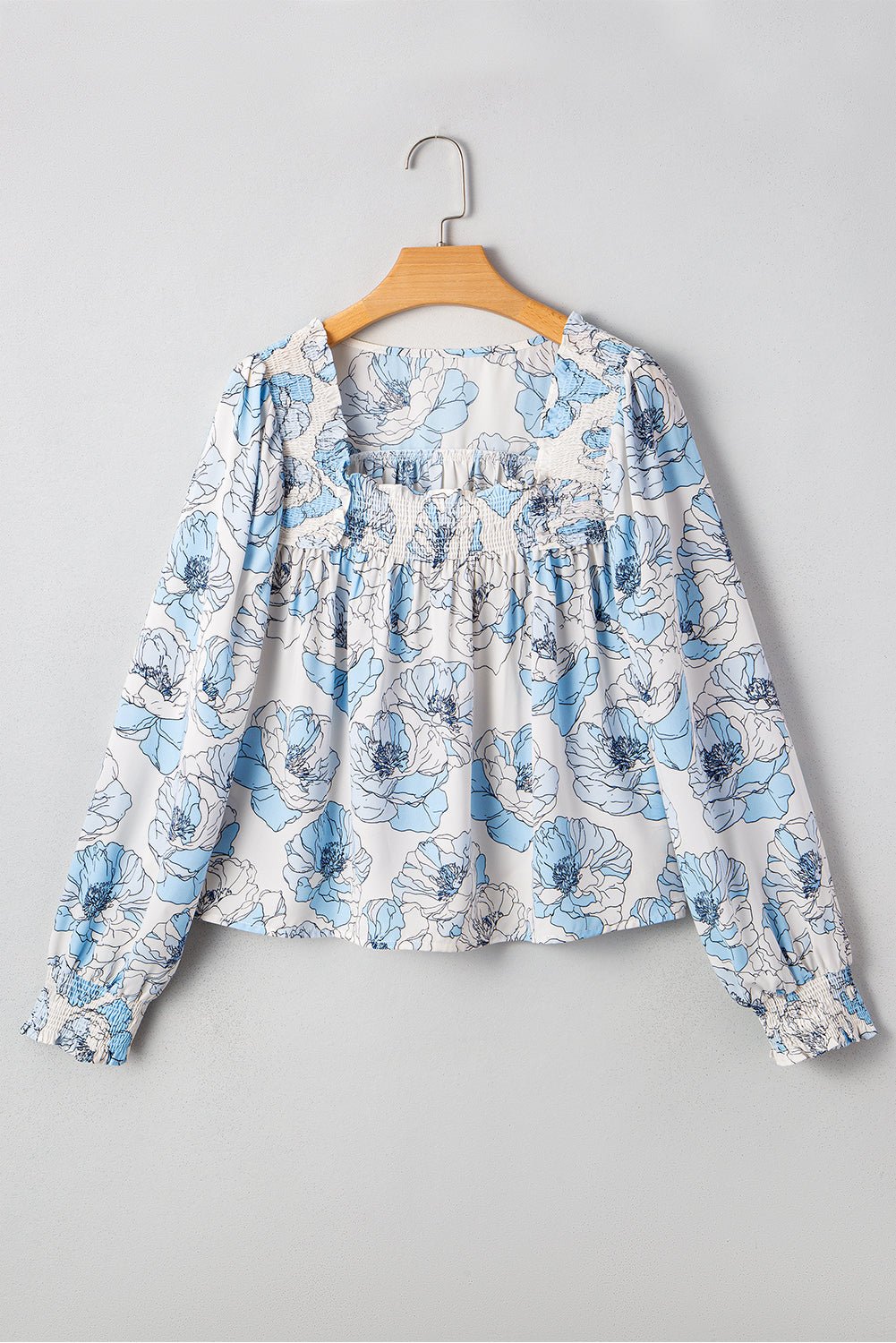 Floral Frilly Smocked Square Neck Long Sleeve Blouse - Rooted & Reckless Co.