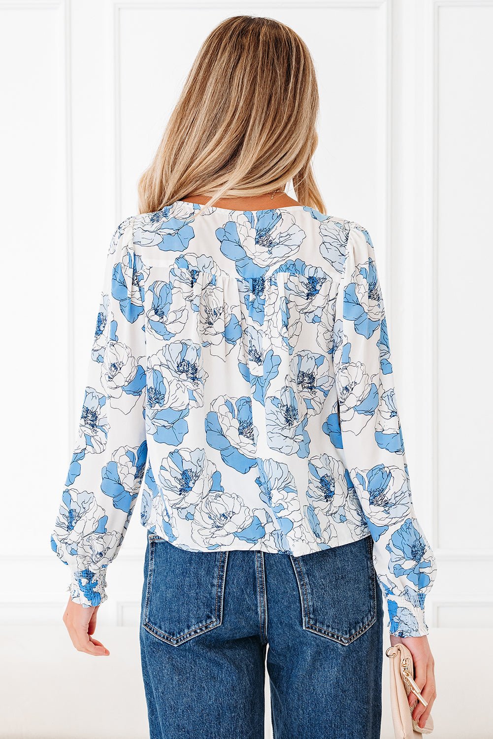 Floral Frilly Smocked Square Neck Long Sleeve Blouse - Rooted & Reckless Co.