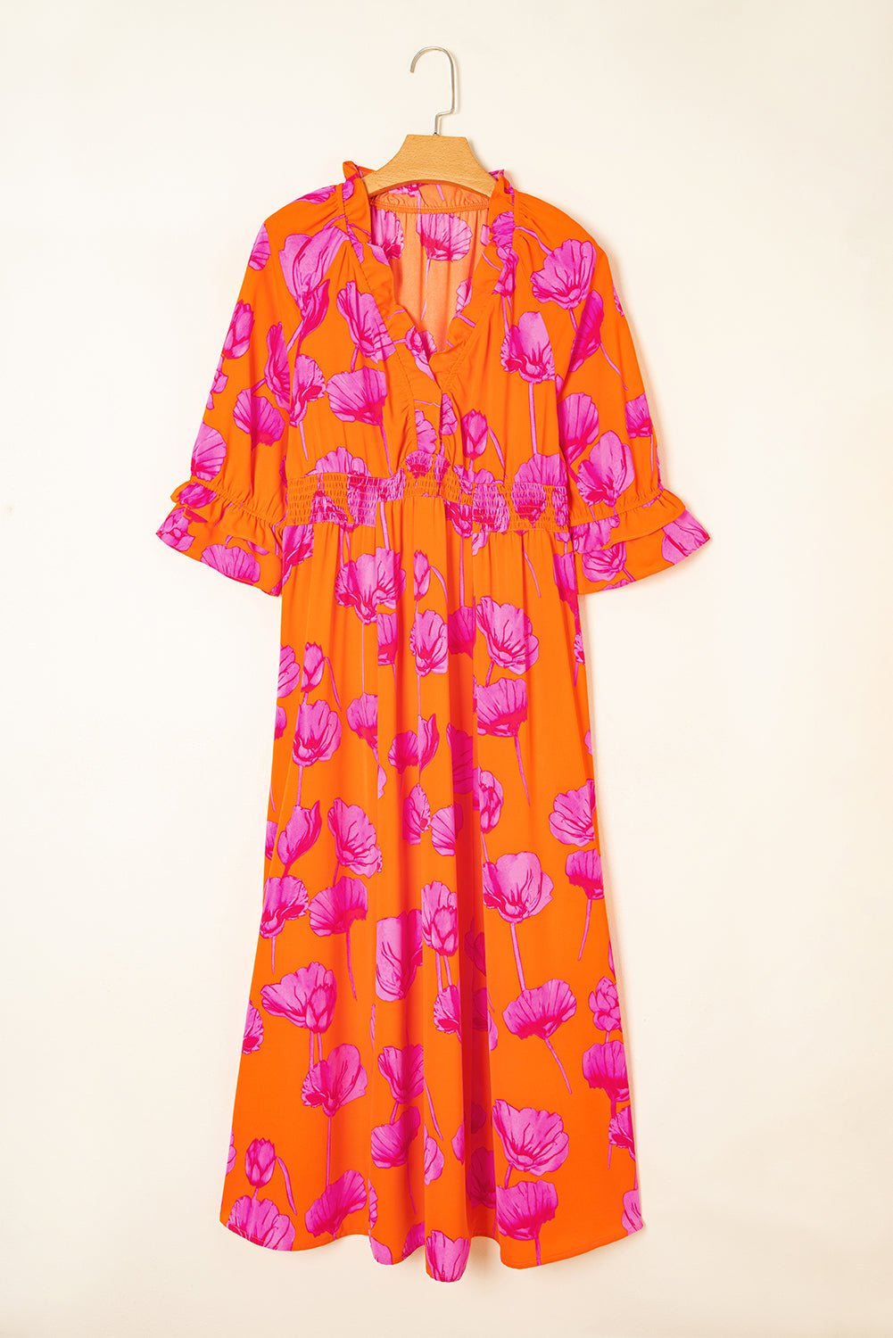 Floral Frilly Smocked V-Neck Maxi Dress - Rooted & Reckless Co.
