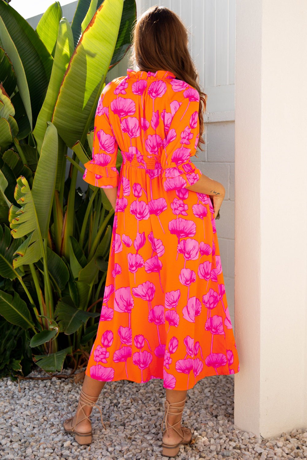 Floral Frilly Smocked V-Neck Maxi Dress - Rooted & Reckless Co.