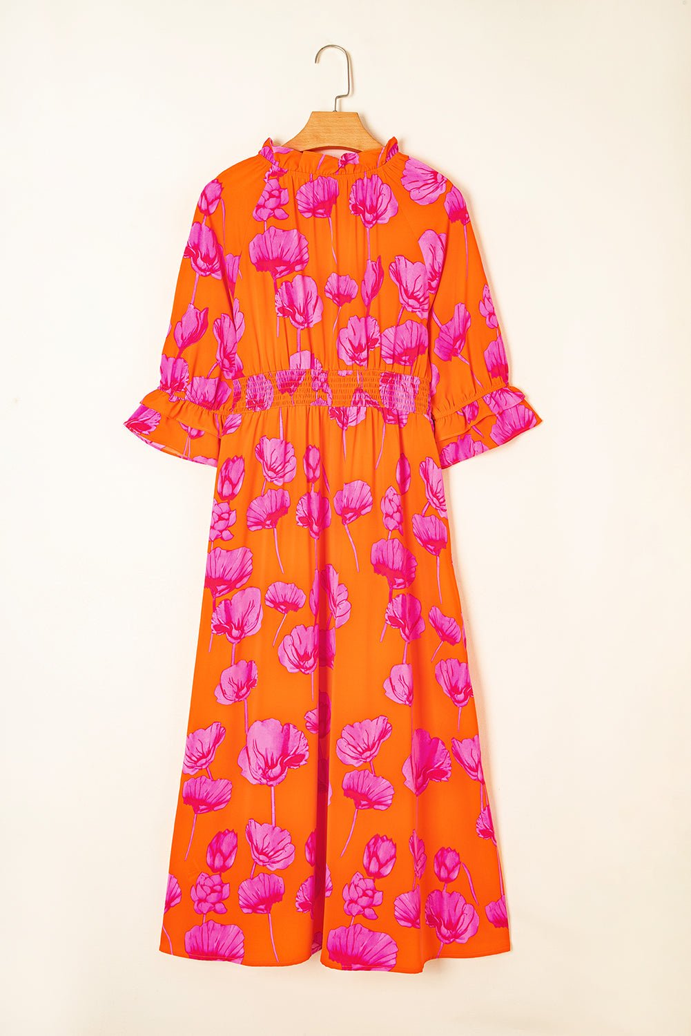 Floral Frilly Smocked V-Neck Maxi Dress - Rooted & Reckless Co.