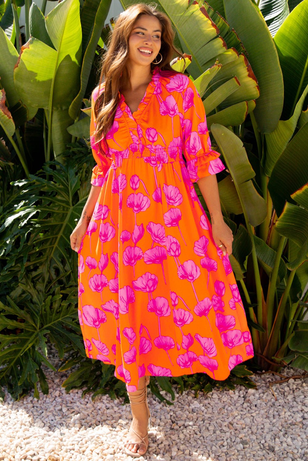 Floral Frilly Smocked V-Neck Maxi Dress - Rooted & Reckless Co.
