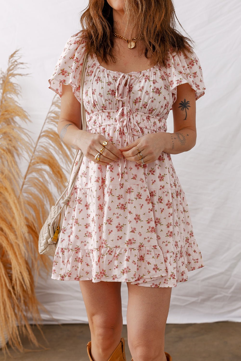 Floral Front Tie Shirred Waist Ruffle Mini Dress - Rooted & Reckless Co.