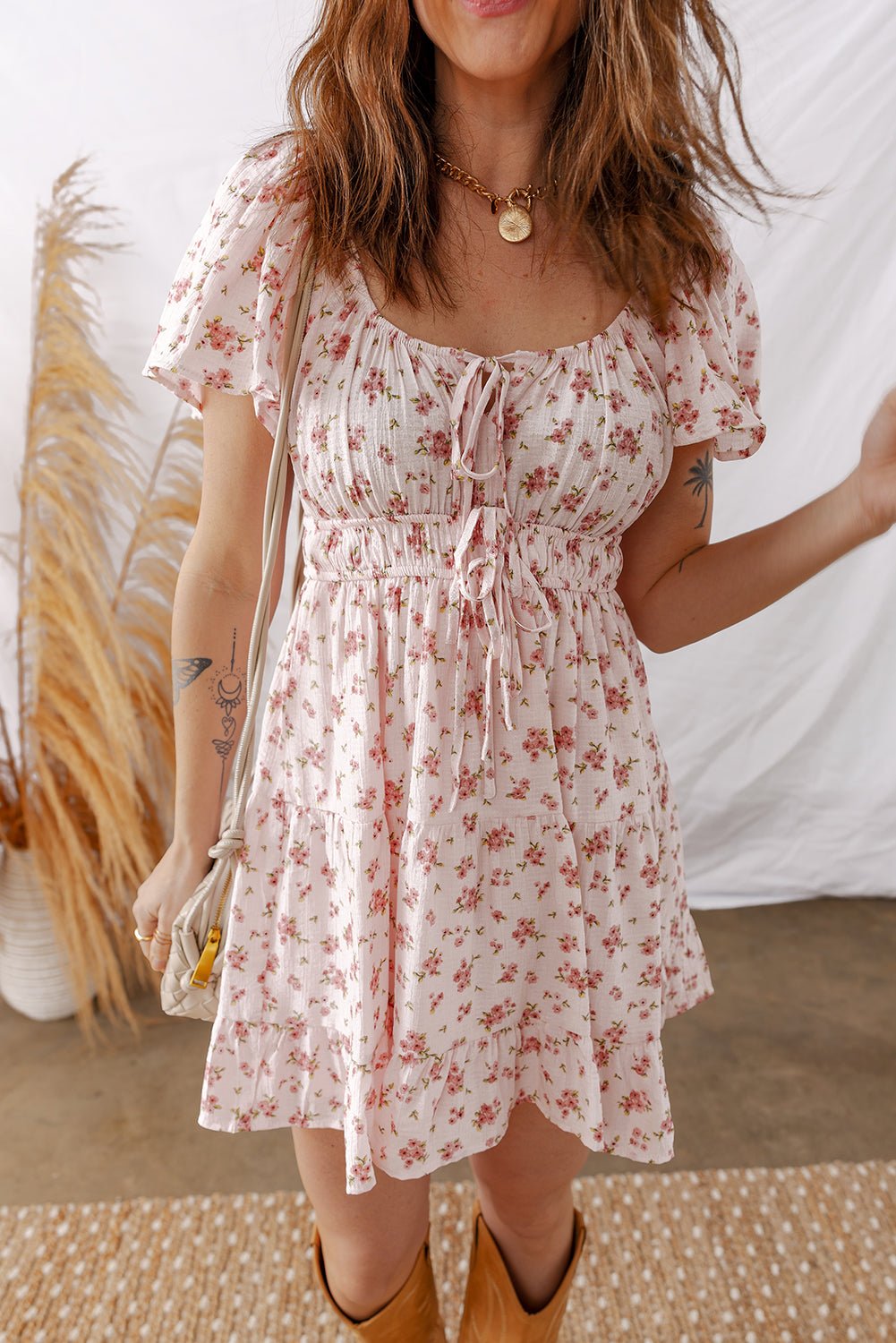 Floral Front Tie Shirred Waist Ruffle Mini Dress - Rooted & Reckless Co.