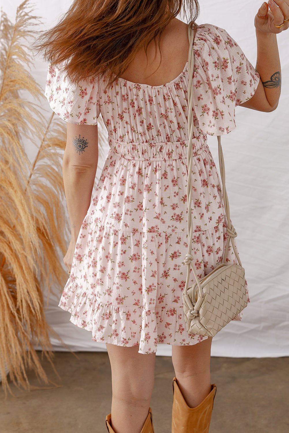 Floral Front Tie Shirred Waist Ruffle Mini Dress - Rooted & Reckless Co.