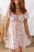 Floral Front Tie Shirred Waist Ruffle Mini Dress - Rooted & Reckless Co.