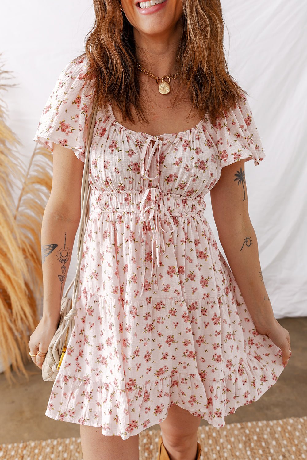 Floral Front Tie Shirred Waist Ruffle Mini Dress - Rooted & Reckless Co.