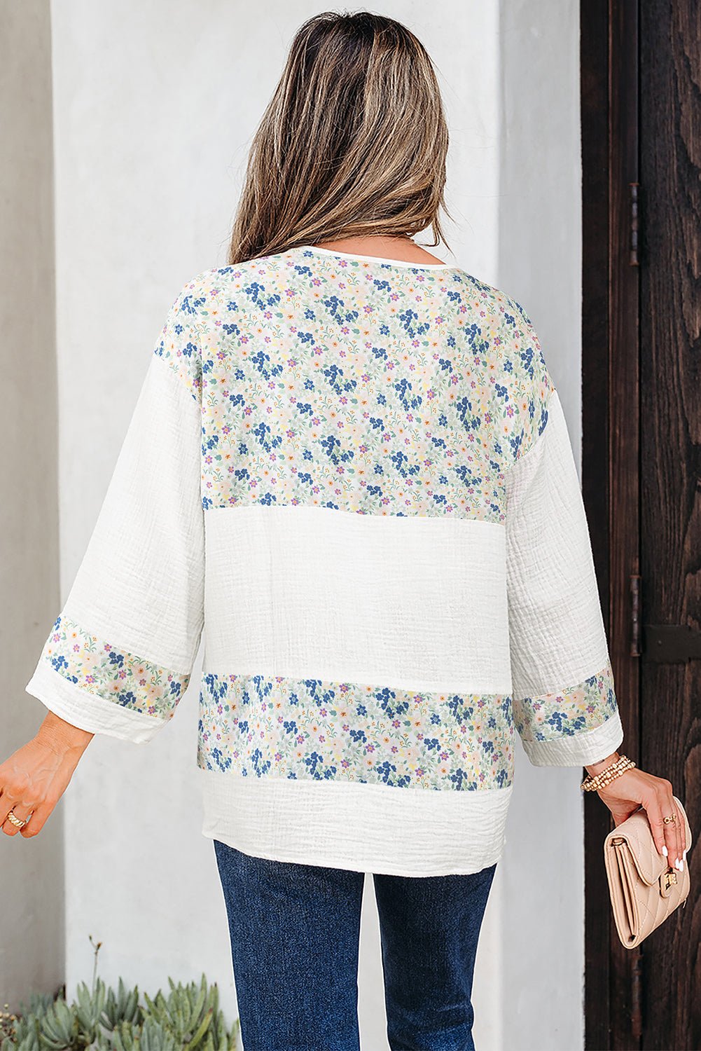 Floral Gauze Patchwork 3/4 Sleeve Blouse - Rooted & Reckless Co.