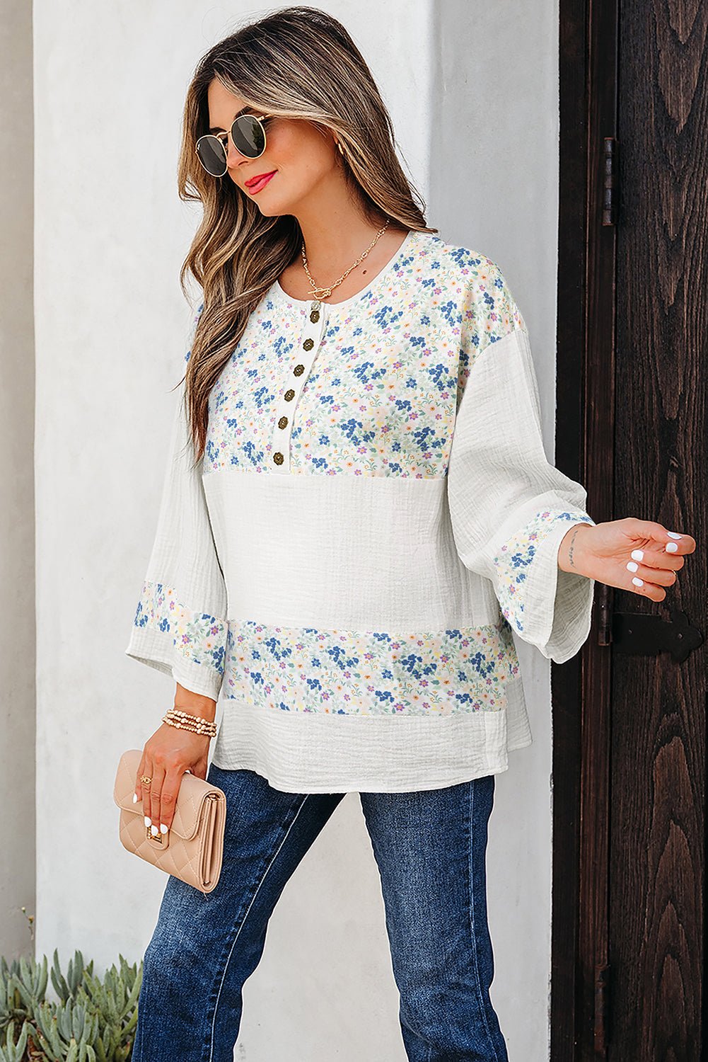 Floral Gauze Patchwork 3/4 Sleeve Blouse - Rooted & Reckless Co.