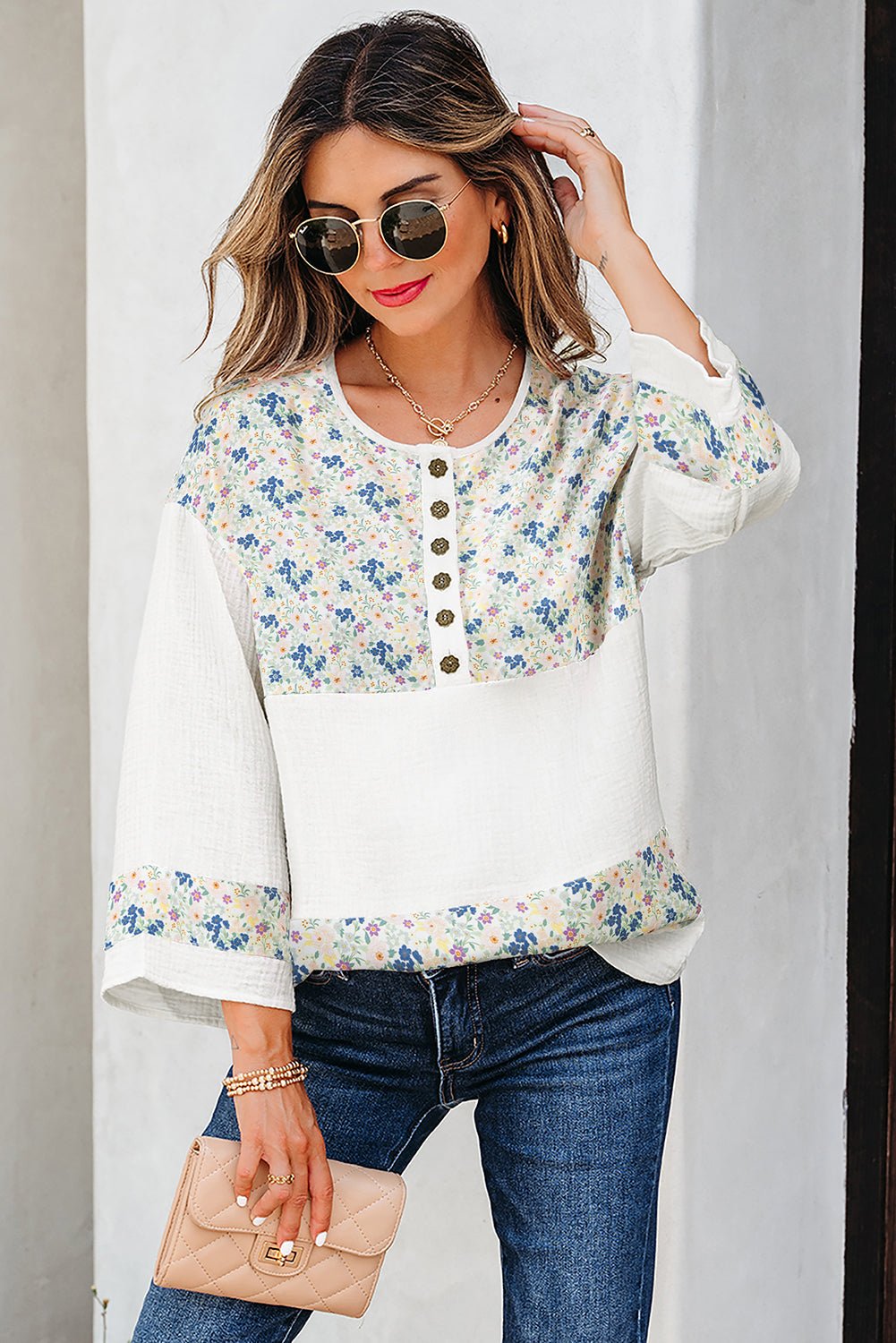 Floral Gauze Patchwork 3/4 Sleeve Blouse - Rooted & Reckless Co.