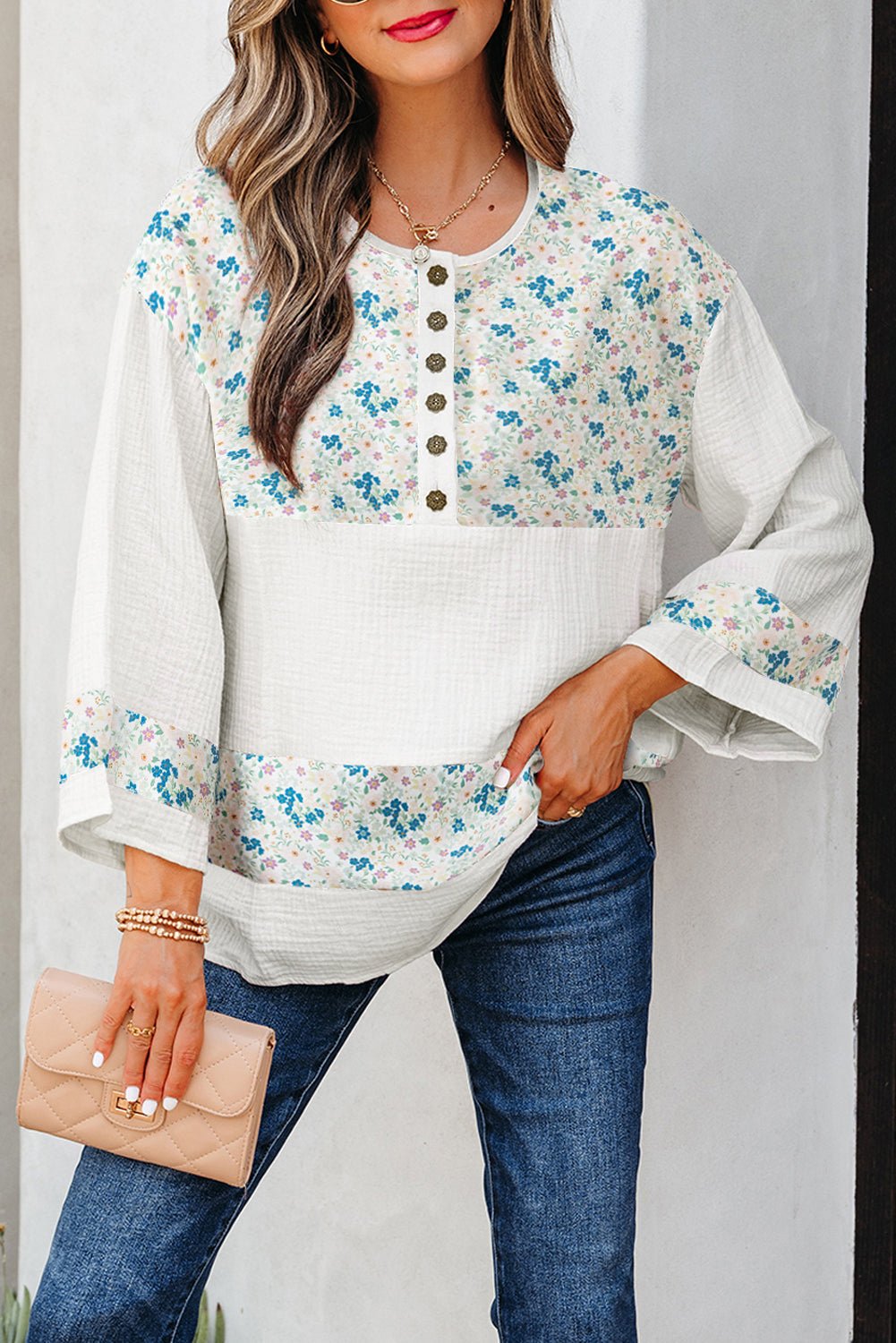 Floral Gauze Patchwork 3/4 Sleeve Blouse - Rooted & Reckless Co.