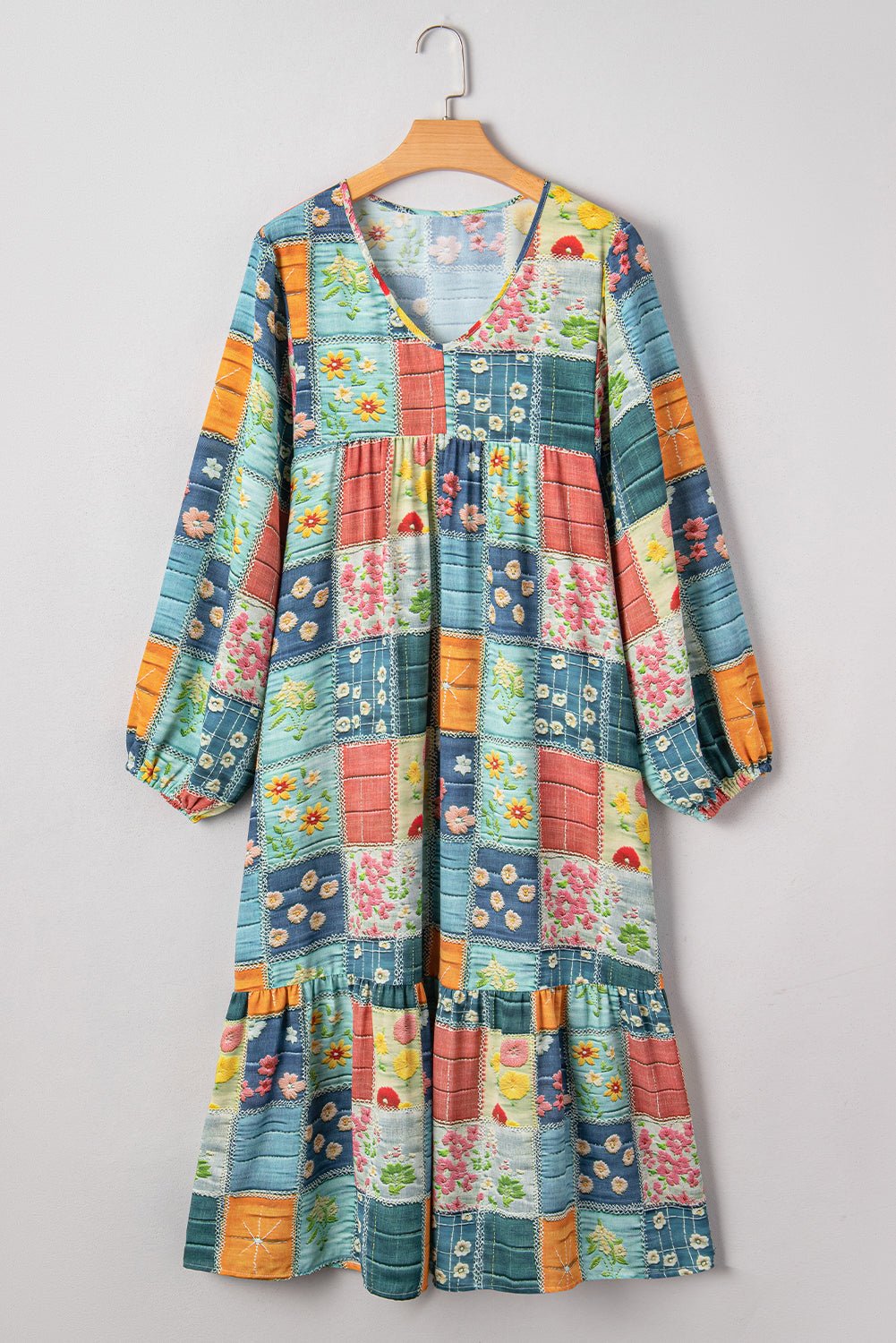 Floral Geometric Bubble Sleeve Ruffle Hem Dress - Rooted & Reckless Co.