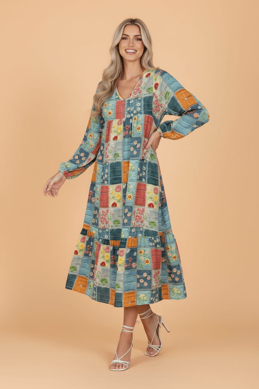 Floral Geometric Bubble Sleeve Ruffle Hem Dress - Rooted & Reckless Co.