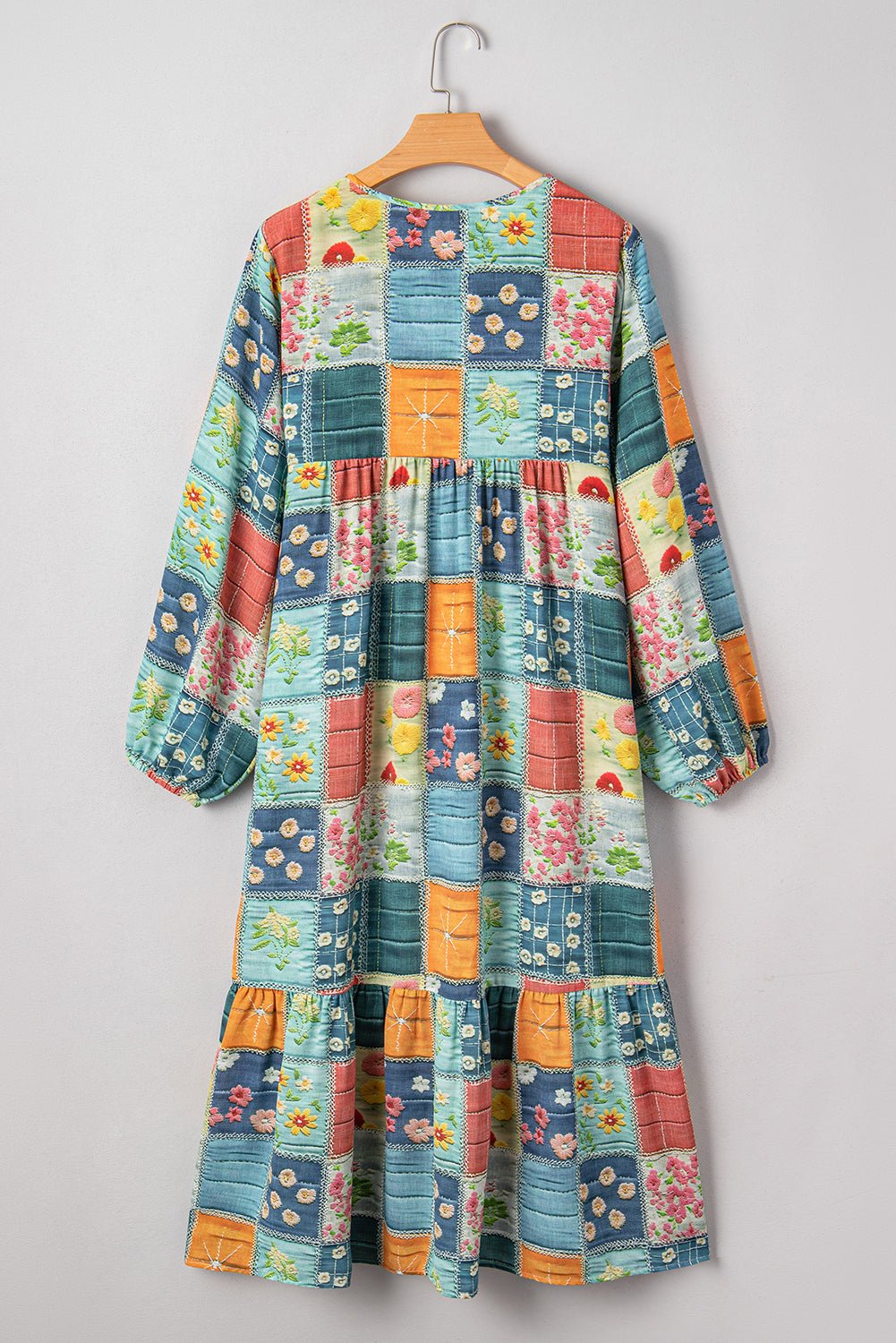 Floral Geometric Bubble Sleeve Ruffle Hem Dress - Rooted & Reckless Co.