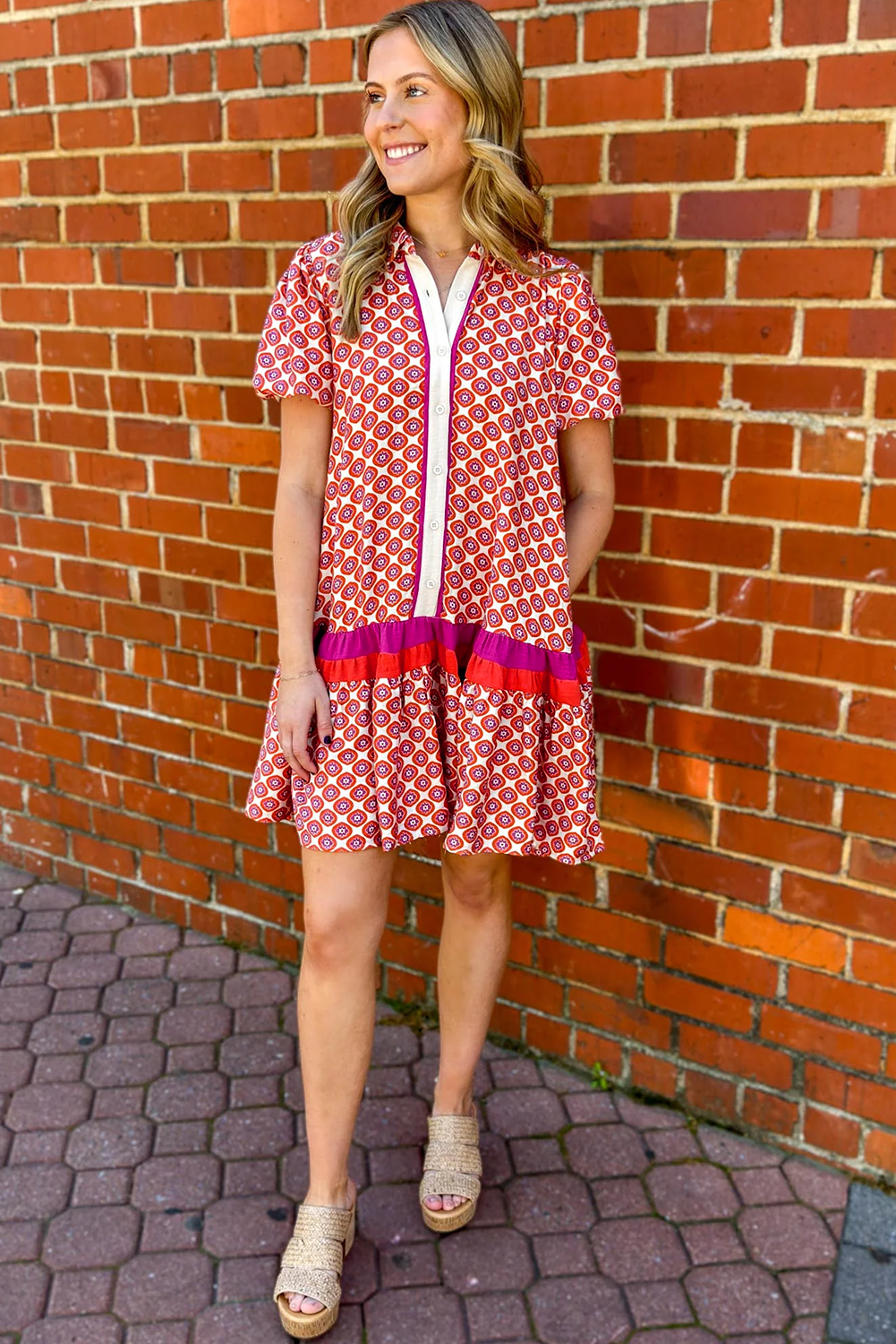 Floral Geometric Colorblock Ruffle Hem Dress - Rooted & Reckless Co.