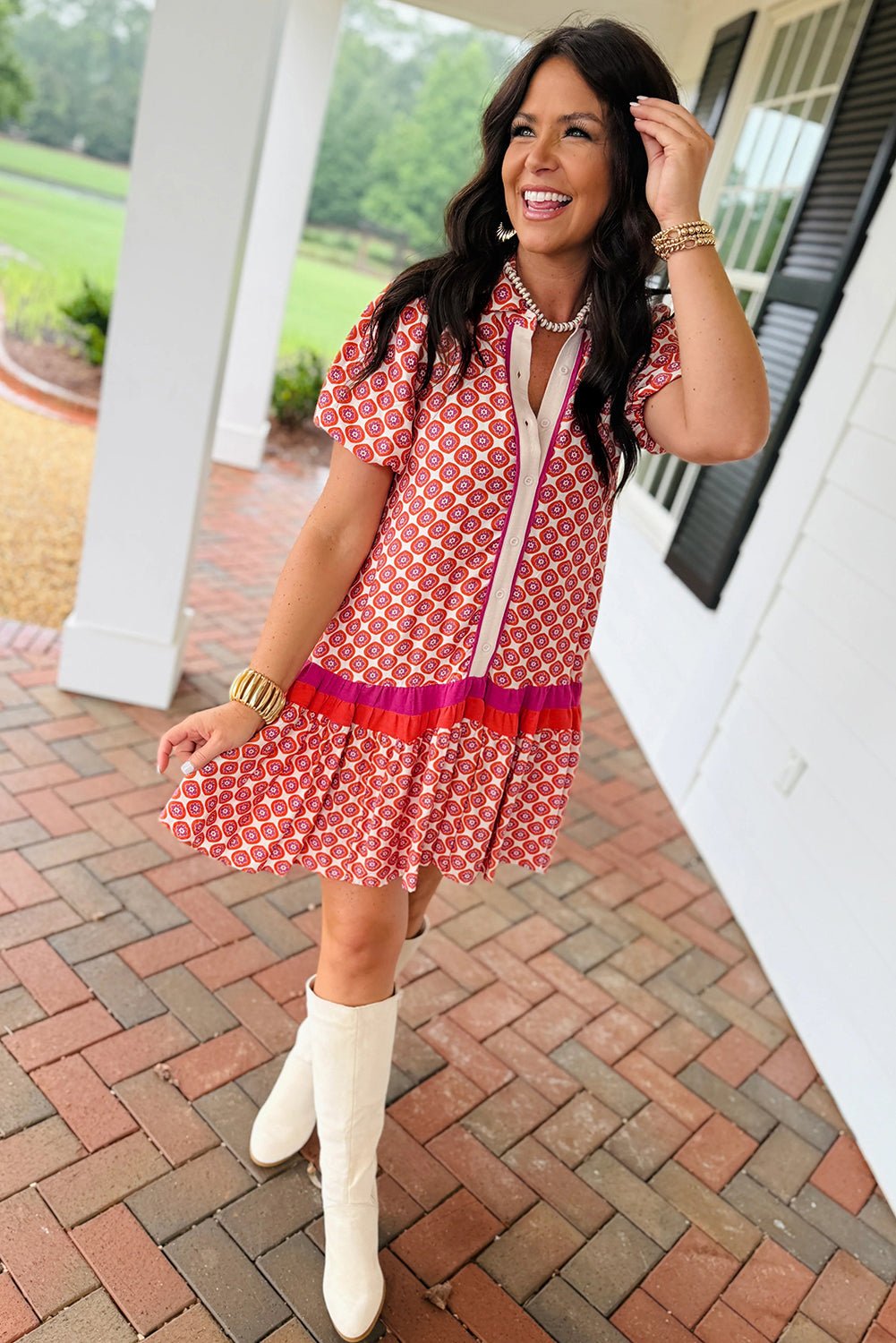 Floral Geometric Colorblock Ruffle Hem Dress - Rooted & Reckless Co.