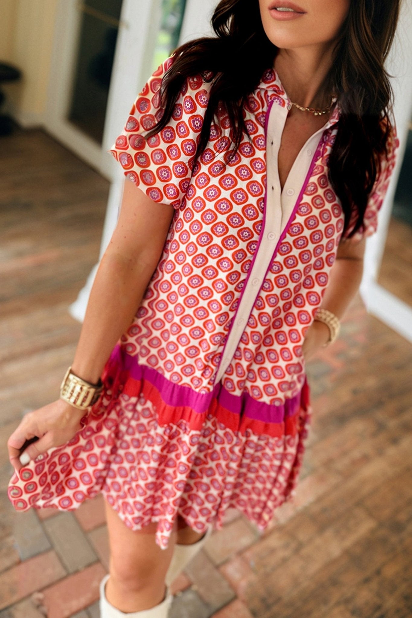Floral Geometric Colorblock Ruffle Hem Dress - Rooted & Reckless Co.