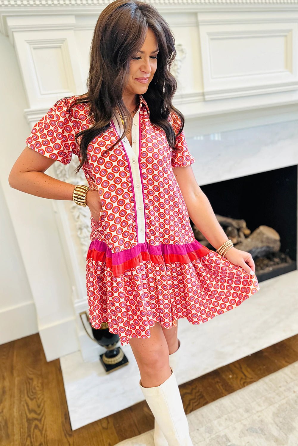 Floral Geometric Colorblock Ruffle Hem Dress - Rooted & Reckless Co.
