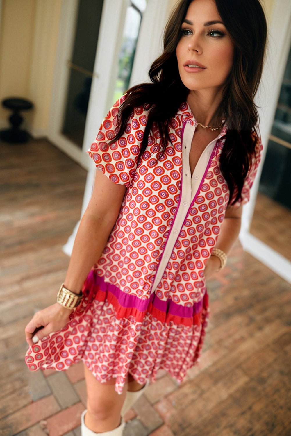 Floral Geometric Colorblock Ruffle Hem Dress - Rooted & Reckless Co.