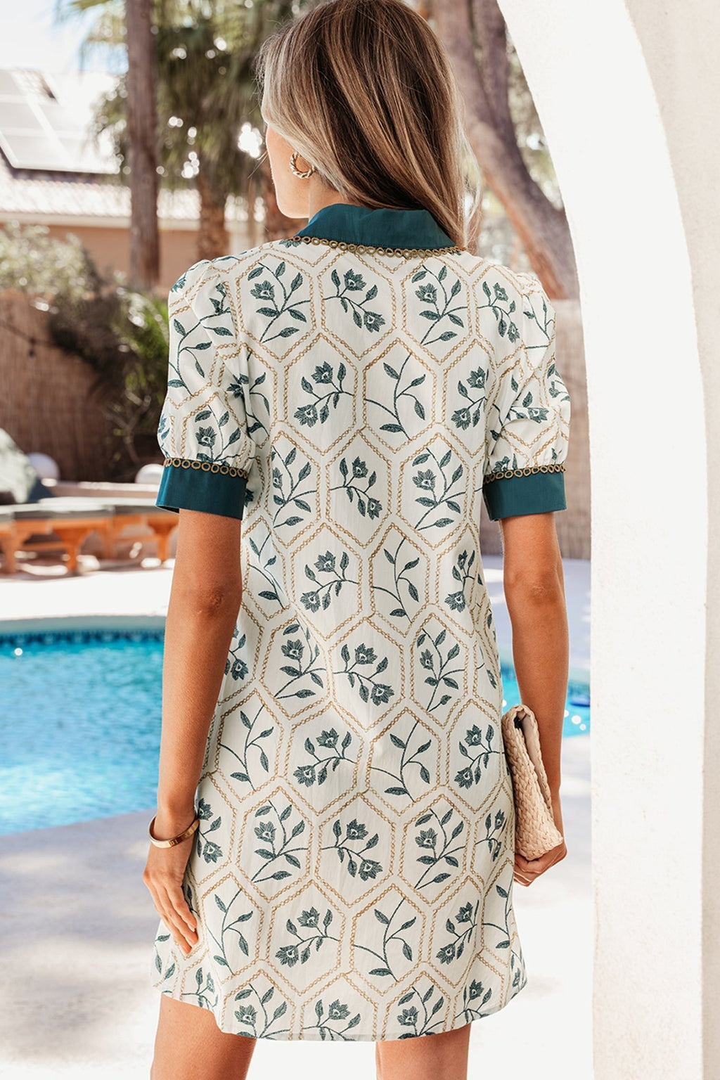 Floral Geometric Lace Trim Collared Mini Dress - Rooted & Reckless Co.