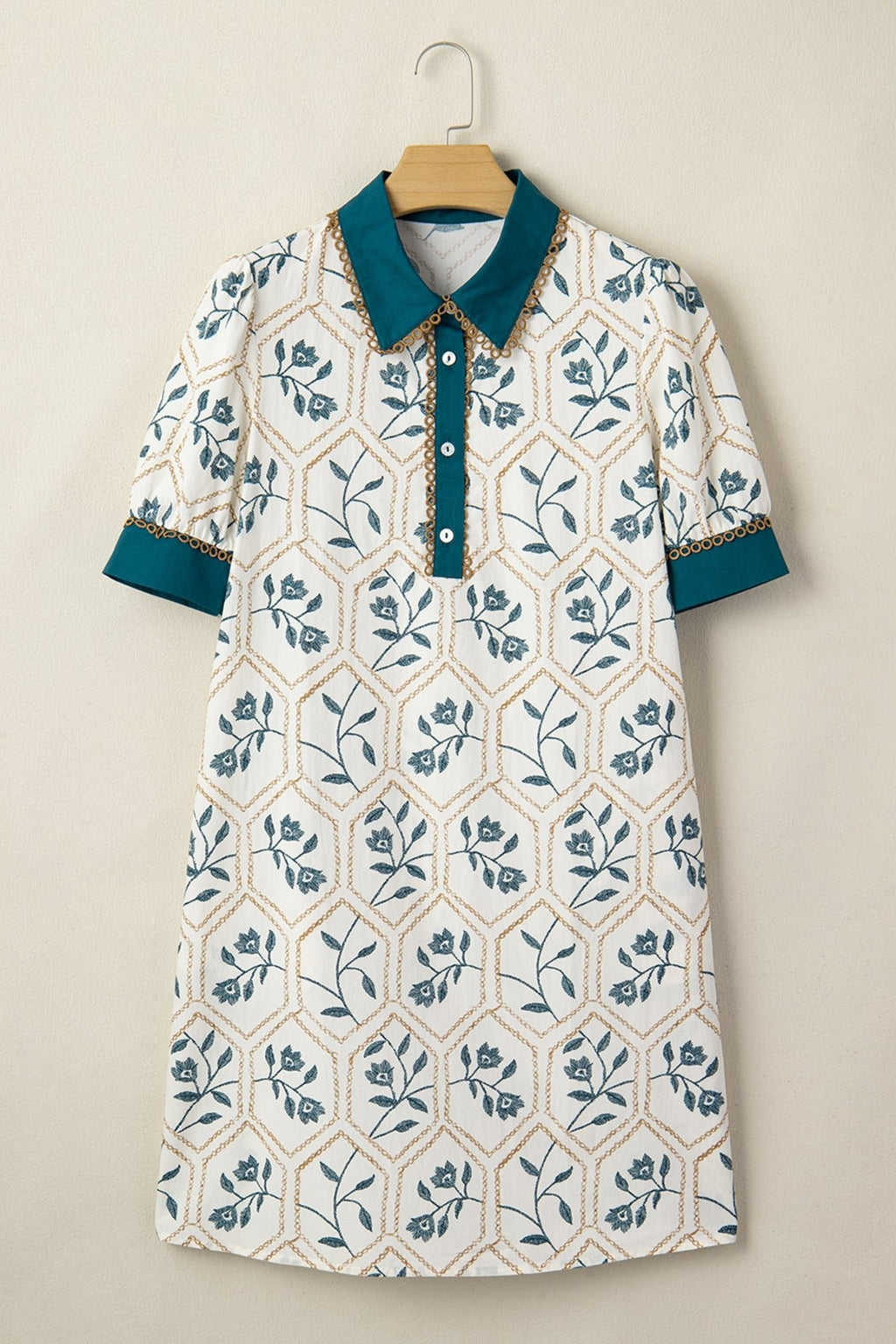 Floral Geometric Lace Trim Collared Mini Dress - Rooted & Reckless Co.