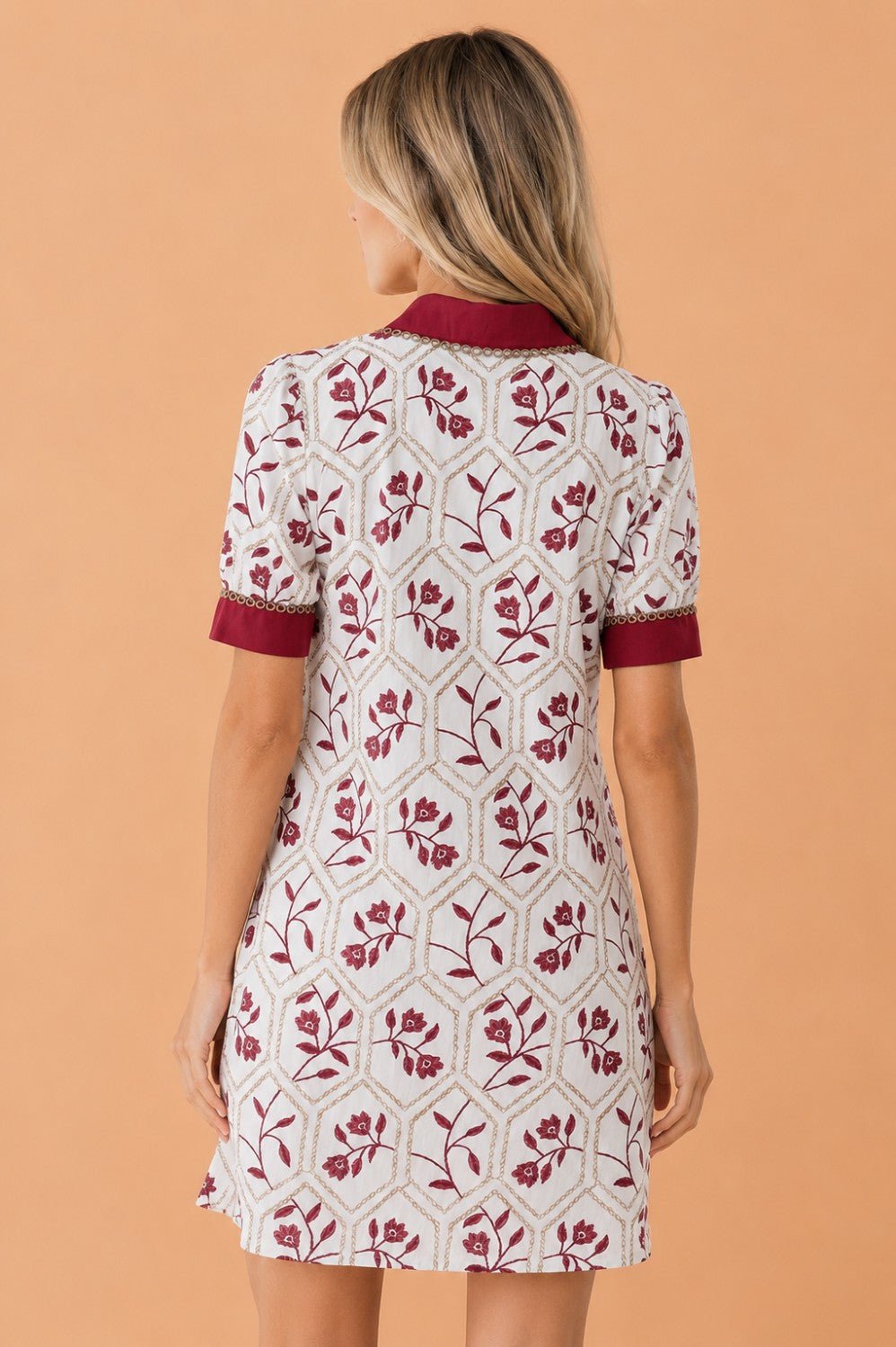 Floral Geometric Lace Trim Collared Mini Dress - Rooted & Reckless Co.