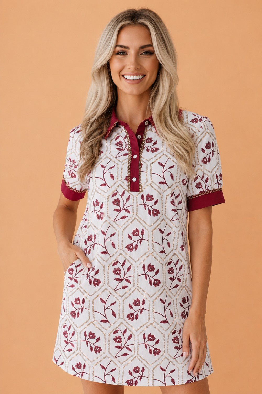 Floral Geometric Lace Trim Collared Mini Dress - Rooted & Reckless Co.