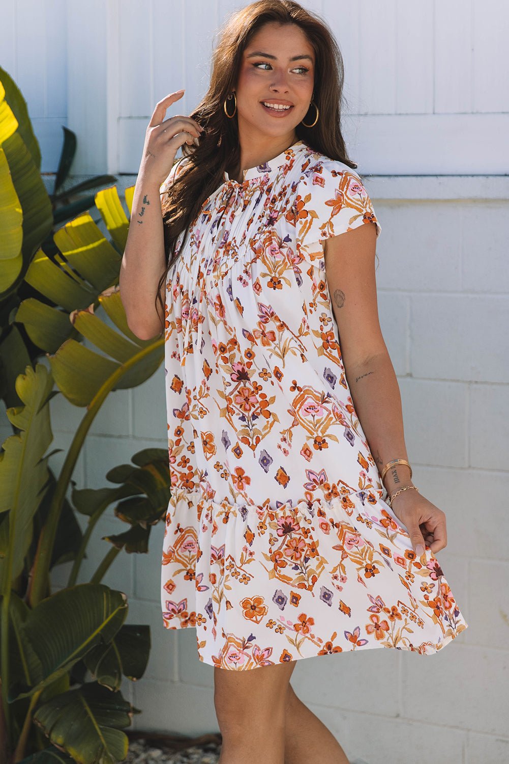 Floral Geometric Ruffle Trim Mini Dress - Rooted & Reckless Co.