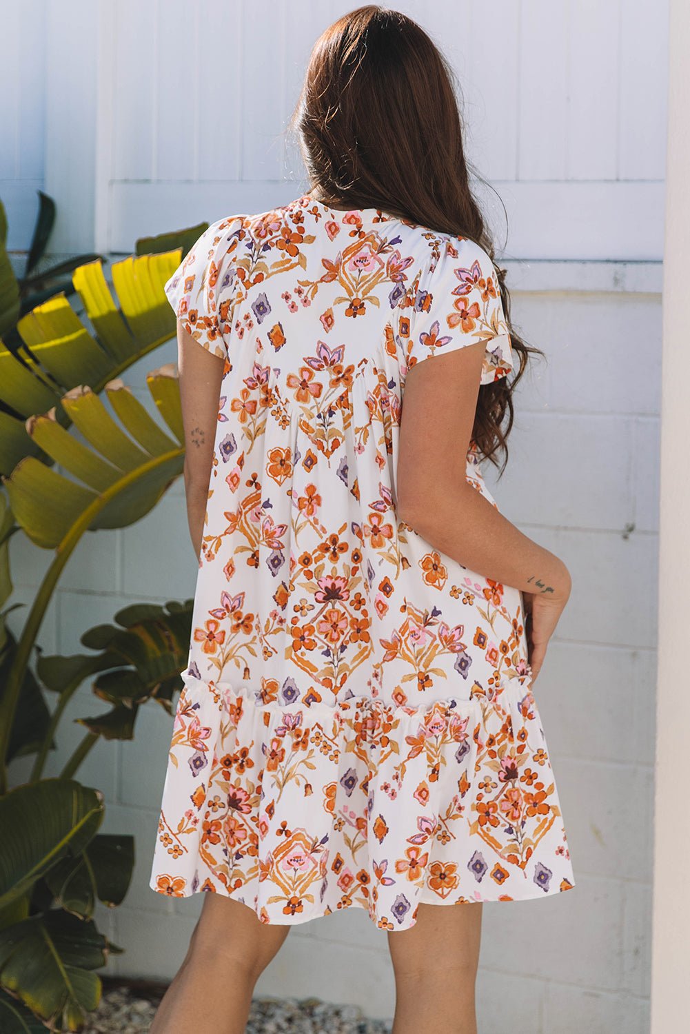 Floral Geometric Ruffle Trim Mini Dress - Rooted & Reckless Co.