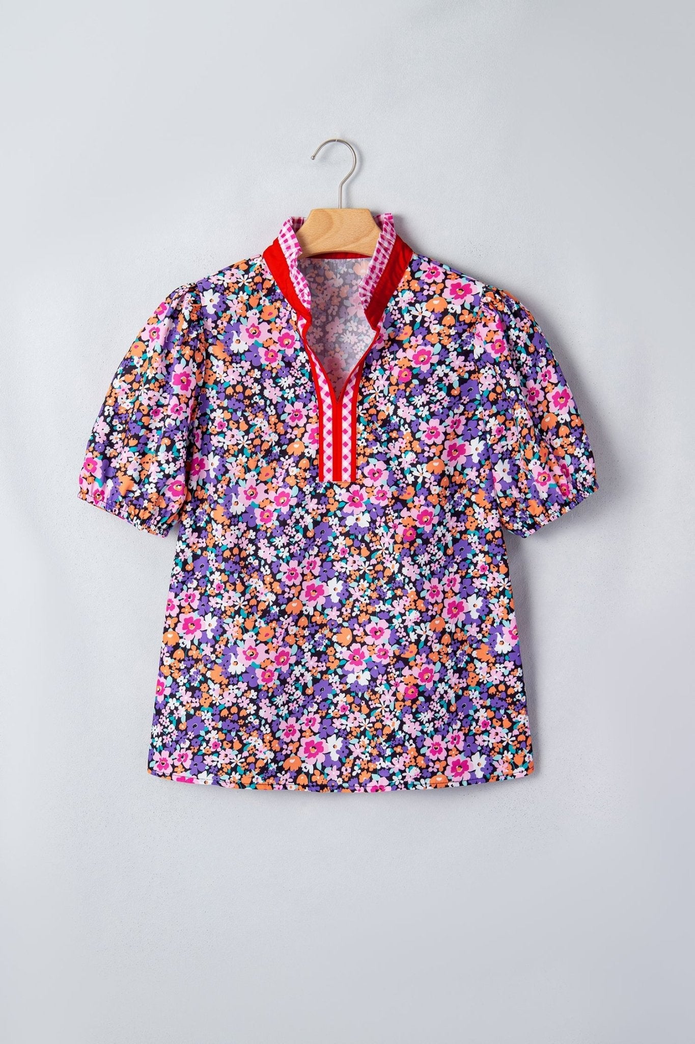 Floral Gingham Colorblock Trim V-Neck Blouse - Rooted & Reckless Co.