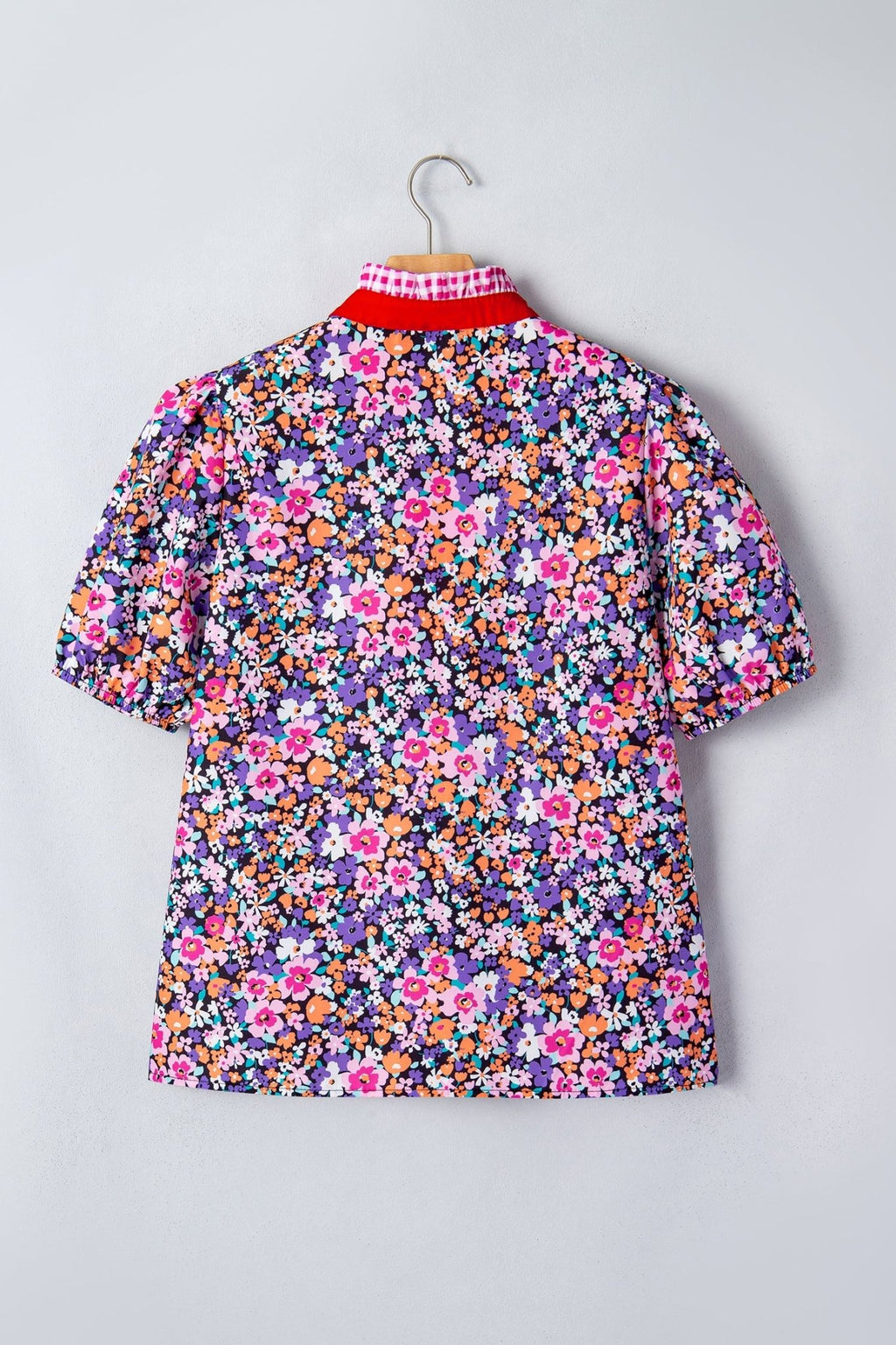 Floral Gingham Colorblock Trim V-Neck Blouse - Rooted & Reckless Co.