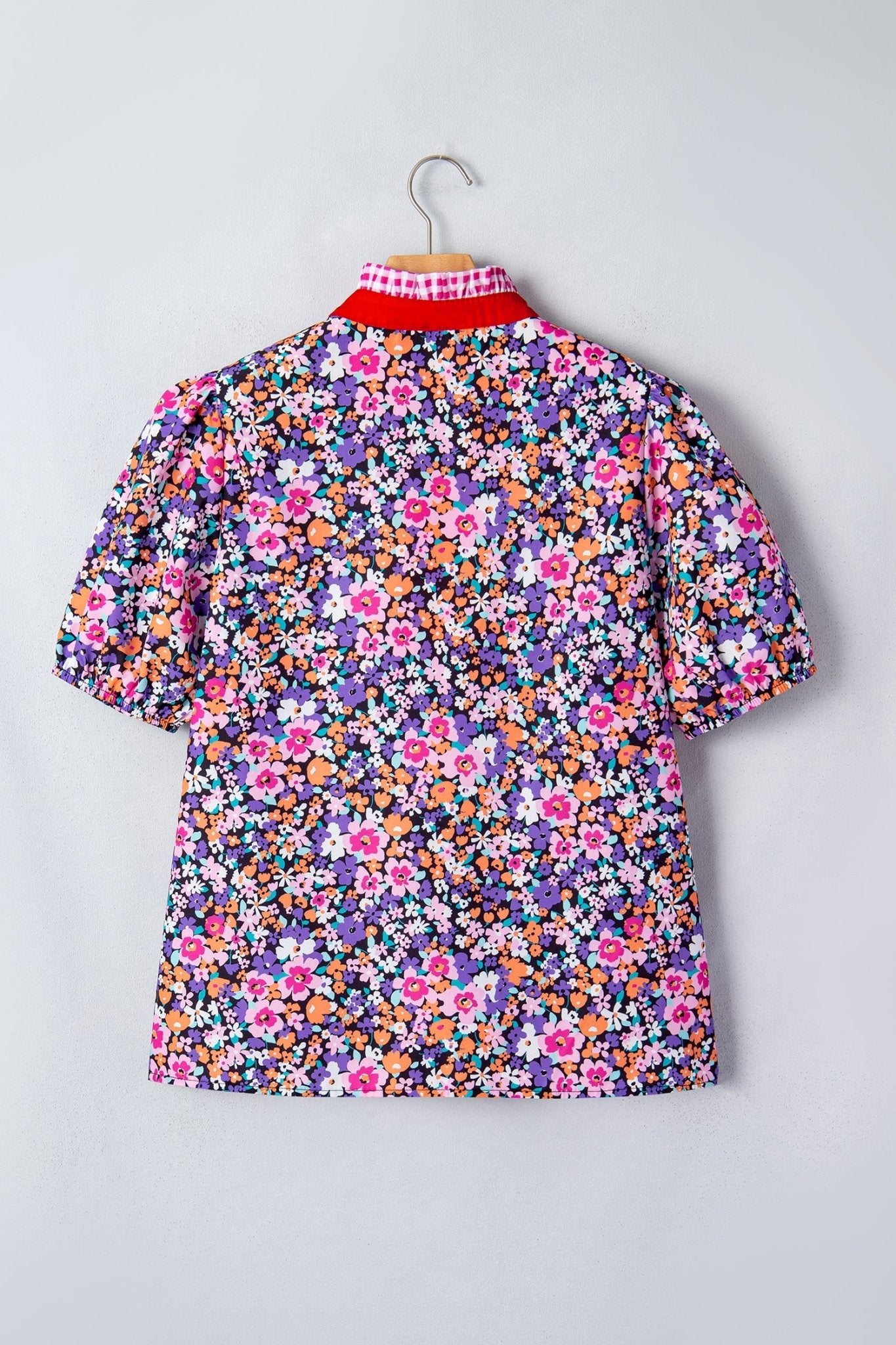 Floral Gingham Colorblock Trim V-Neck Blouse - Rooted & Reckless Co.