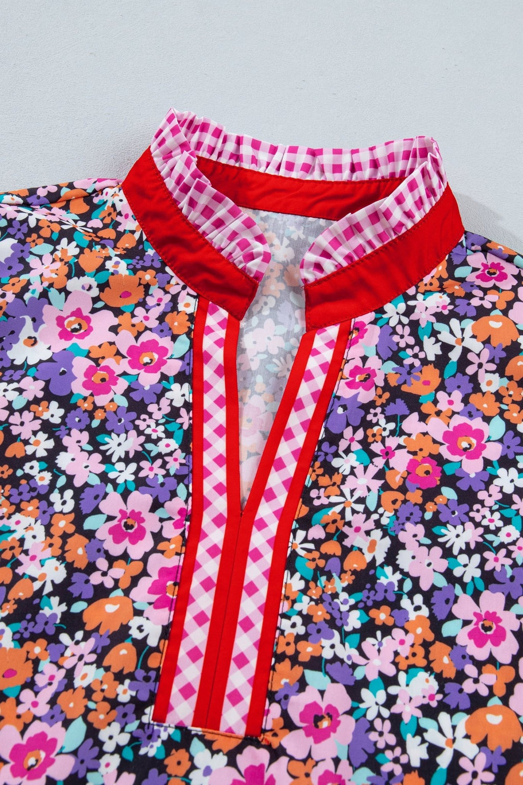 Floral Gingham Colorblock Trim V-Neck Blouse - Rooted & Reckless Co.