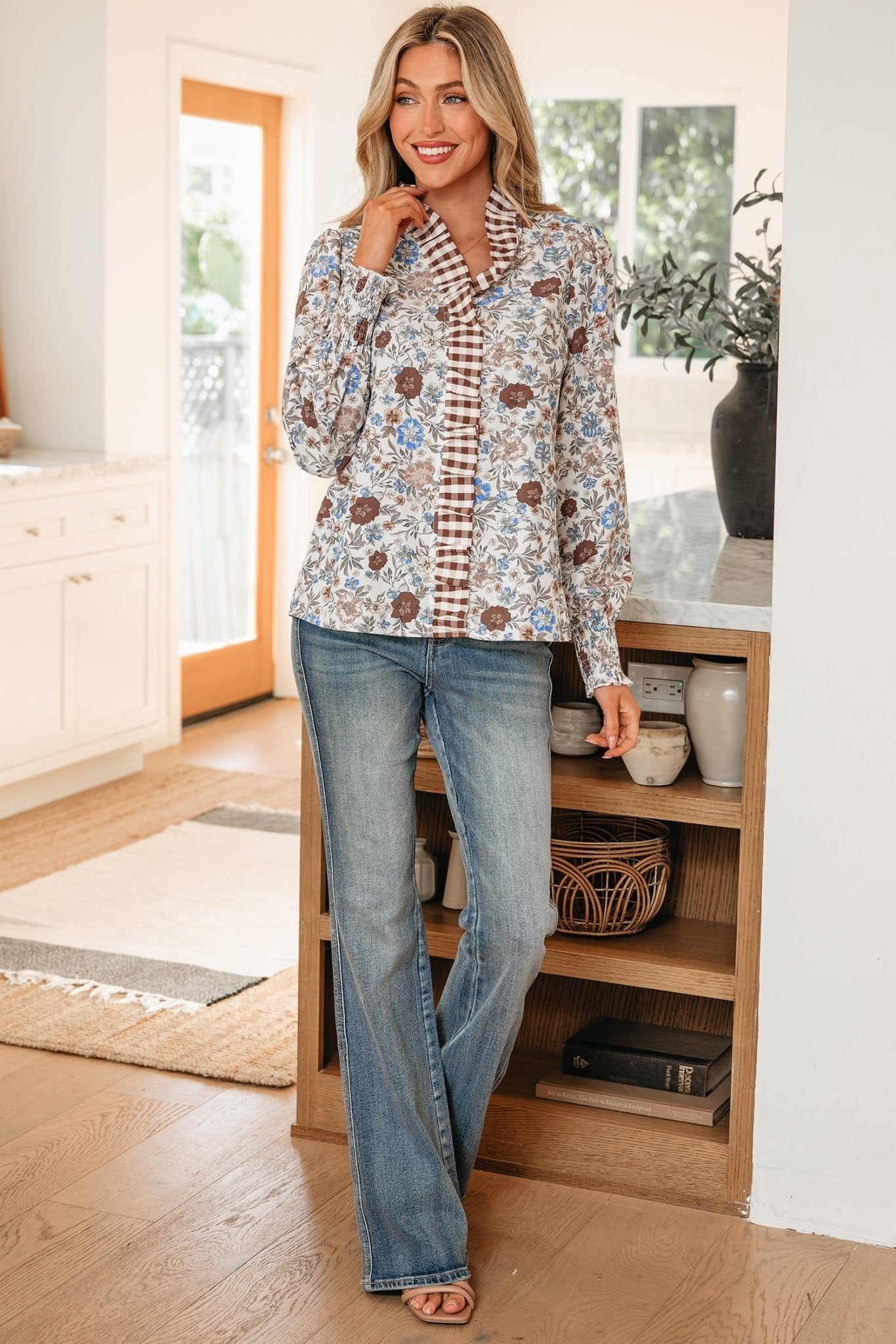 Floral Gingham Plaid Frilled Trim Long Sleeve Blouse - Rooted & Reckless Co.