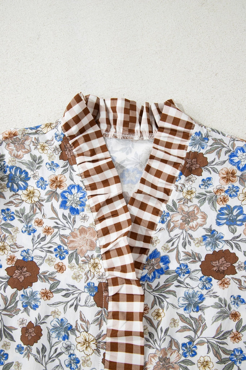 Floral Gingham Plaid Frilled Trim Long Sleeve Blouse - Rooted & Reckless Co.