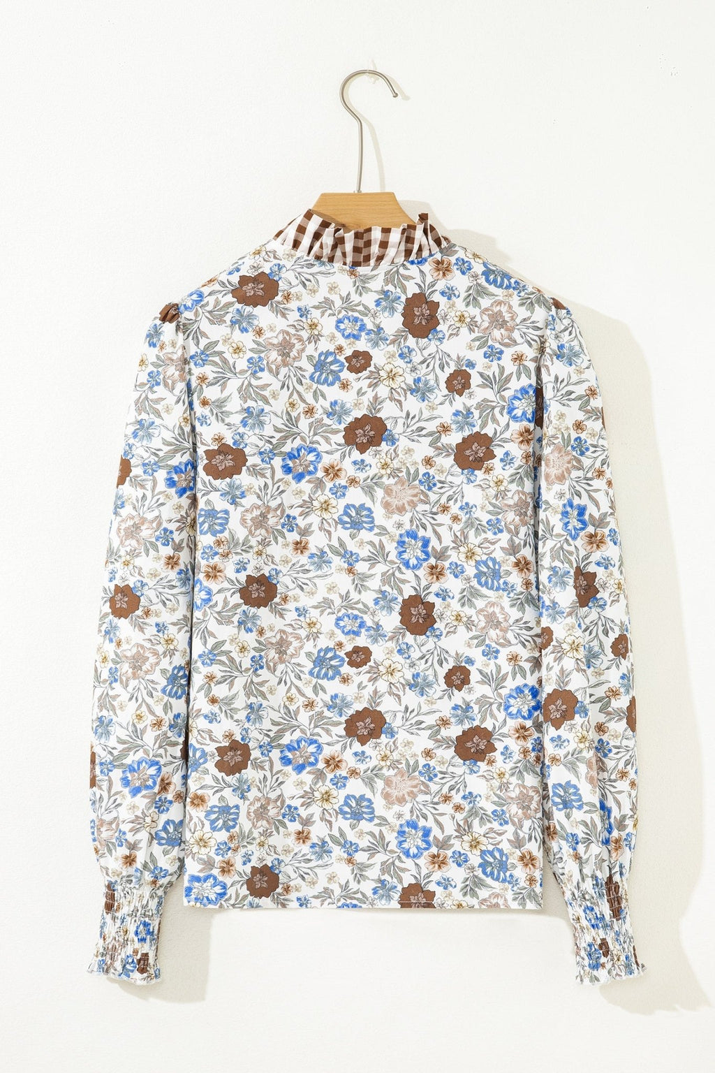Floral Gingham Plaid Frilled Trim Long Sleeve Blouse - Rooted & Reckless Co.