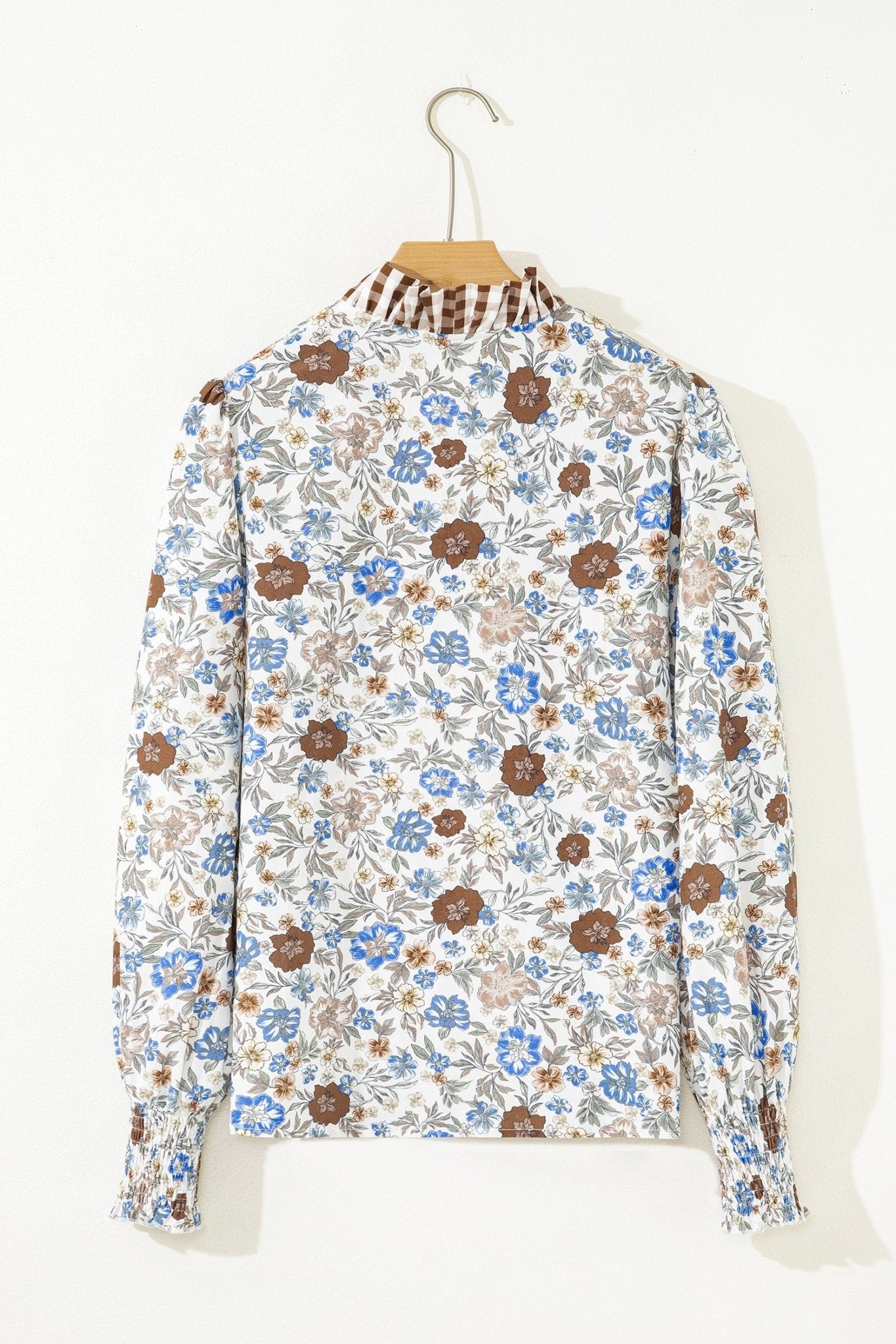 Floral Gingham Plaid Frilled Trim Long Sleeve Blouse - Rooted & Reckless Co.